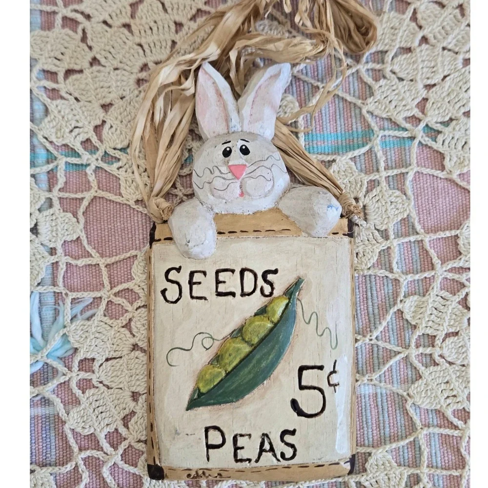 Easter Bunny Seed Packet‎ Ornaments Hanging Set 3 Raffia Bow Resin Rustic